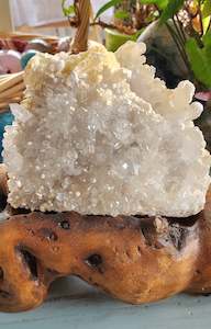 Clusters: Clear Quartz with Calcite Cluster + Driftwood Stand
