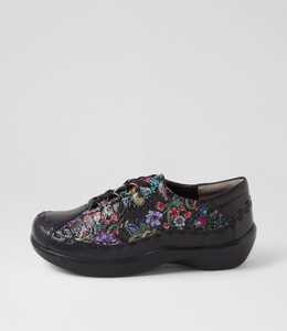 Products: Allsorts Xw Black Floral Leather Embossed Lace Up Flats by Ziera