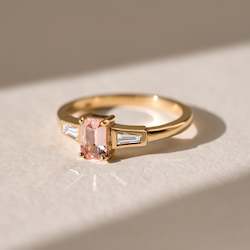 Rings: Octagon Cut Pink Sapphire with Tapered Baguette Diamonds in 18ct Yellow Gold