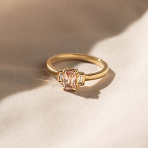 New: Peach Emerald Cut Sapphire with Diamonds in 18ct Yellow Gold