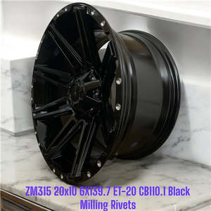 20 Inch Wheels: ZM315 - 20X10 6X139.7 ET-20 CB110.1 BLACK+ MILLING RIVETS