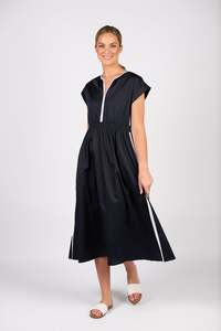 Vassalli: Vassalli V Neck Shirred Wast Dress With Contrast Trim | Ink/ White